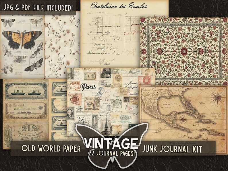 May include: Vintage junk journal kit with 22 pages. The kit includes a variety of papers with different designs, including floral patterns, maps, and old documents. The papers are perfect for creating unique and personalized journals.