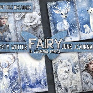 Op de afbeelding: Een digitale junk journal kit met 16 pagina's met een winters thema. De kit bevat afbeeldingen van een hert, een wolf, een fee, een ijsbeer en een besneeuwd bos.