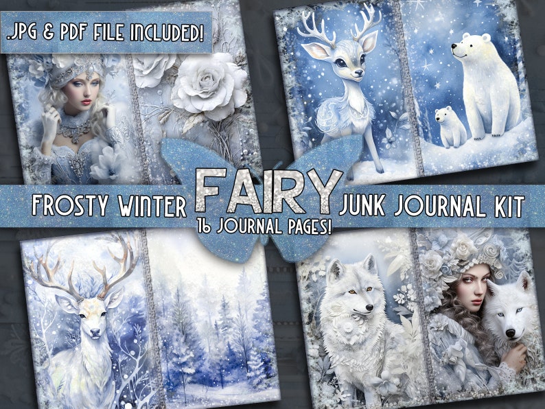 Op de afbeelding: Een digitale junk journal kit met 16 pagina's met een winters thema. De kit bevat afbeeldingen van een hert, een wolf, een fee, een ijsbeer en een besneeuwd bos.