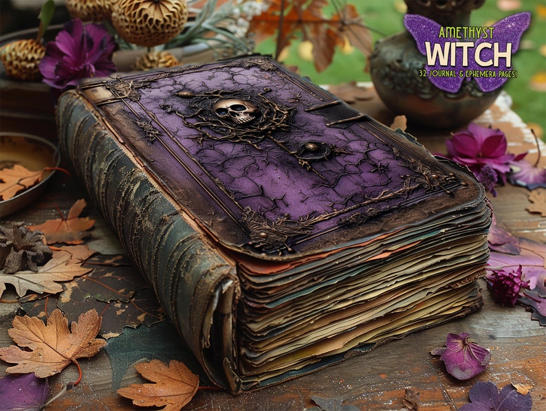 May include: A large, antique-looking book with a purple cover and intricate gold detailing. The cover features a skull with vines and a keyhole. The book is titled "Amethyst Witch 32 Journal & Ephemera Pages".