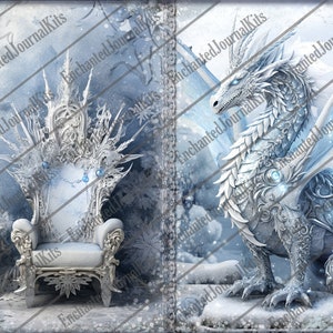 Op de afbeelding: Een witte, versierde ijstroon met een blauw-witte gepatenteerde zitting. De troon is omgeven door een besneeuwd landschap. De achtergrond is een blauwe en witte aquarelwas.