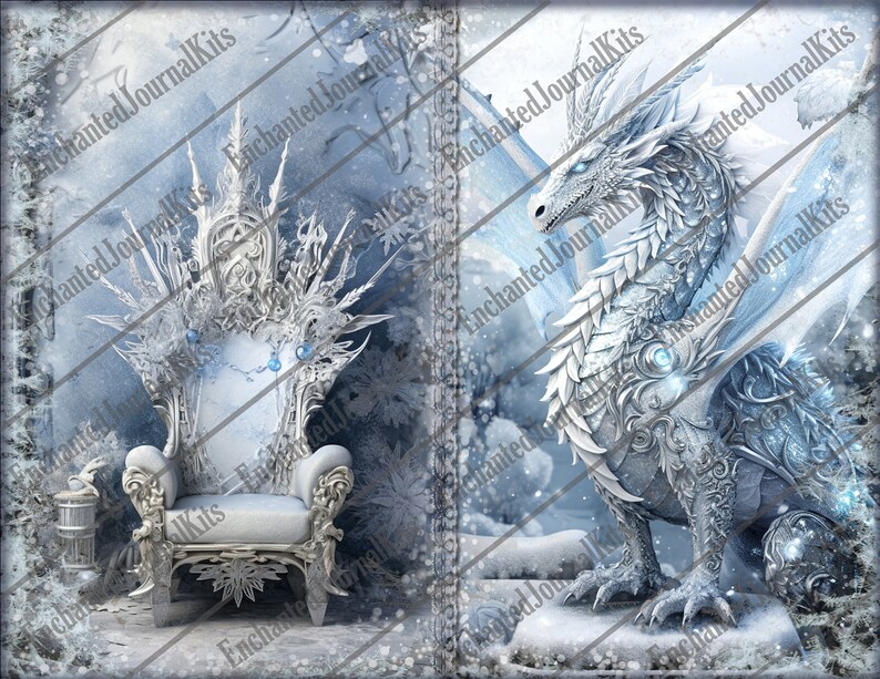 Op de afbeelding: Een witte, versierde ijstroon met een blauw-witte gepatenteerde zitting. De troon is omgeven door een besneeuwd landschap. De achtergrond is een blauwe en witte aquarelwas.