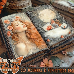 May include: An open journal with a fairy theme. The left page features a woman with red hair and a floral crown. The right page has a moon illustration and a swan. The journal is labeled "Burnt Twilight Fairy Mini Bundle Kit" with "30 Journal & Pephemera Pages!"