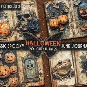 May include: A digital junk journal kit with 20 pages featuring spooky Halloween themed images. The images include a skull with a black rose, a frog, a lantern, a pumpkin, and a door with a skull.