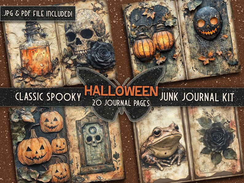 May include: A digital junk journal kit with 20 pages featuring spooky Halloween themed images. The images include a skull with a black rose, a frog, a lantern, a pumpkin, and a door with a skull.