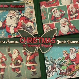 May include: A digital printable junk journal kit featuring 16 pages of vintage Christmas images. The kit includes images of Santa Claus, a Christmas tree, and other festive elements. The text "Retro Santa Christmas Junk Journal Kit 16 Journal Pages!" is printed on the image.