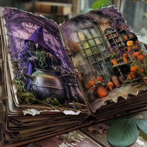 May include: An open book with a purple-toned illustration of a witch stirring a cauldron on the left page and a garden scene with potted plants on the right page. The book has a worn, aged appearance.
