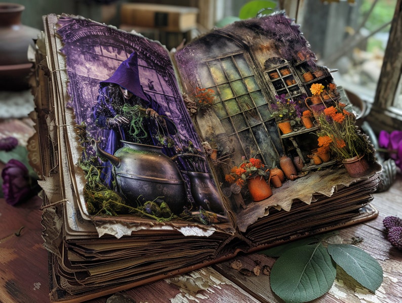 May include: An open book with a purple-toned illustration of a witch stirring a cauldron on the left page and a garden scene with potted plants on the right page. The book has a worn, aged appearance.