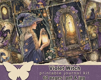 Dark forest witch junkjournal printable Purple halloween witches papers Fantasy creative witchcraft grimoire Mystical memory keeping pages