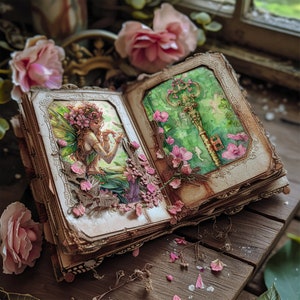 May include: An open book with a vintage aesthetic, featuring a fairy with green wings and a golden key on a green background. The book is decorated with pink flowers and lace.