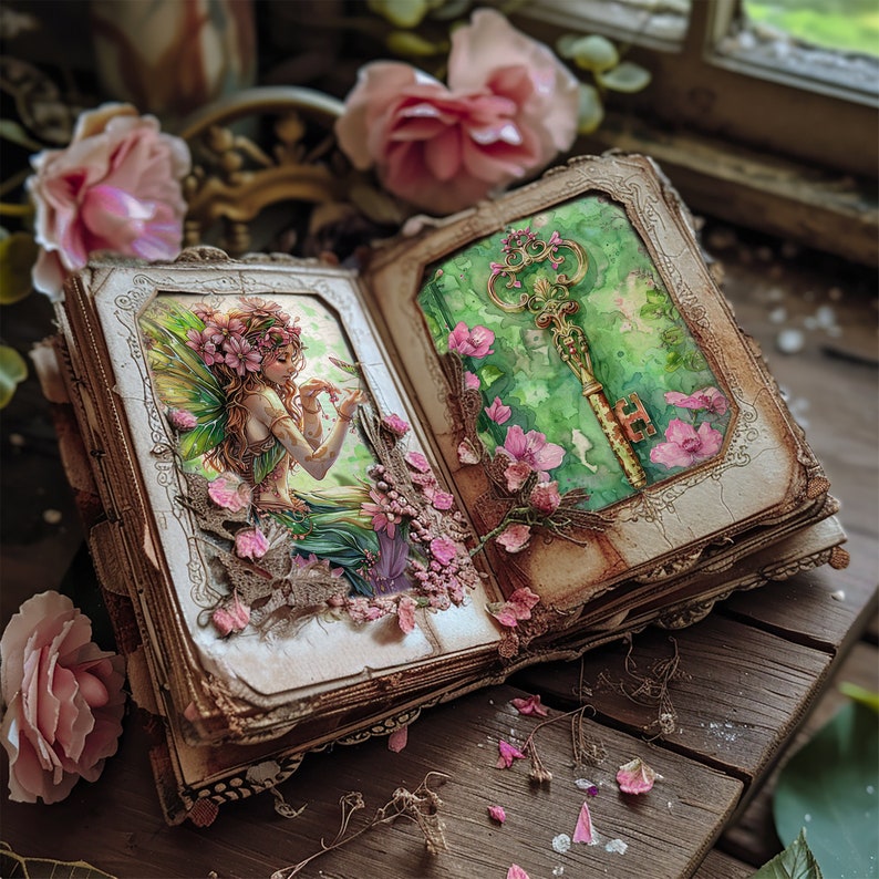 May include: An open book with a vintage aesthetic, featuring a fairy with green wings and a golden key on a green background. The book is decorated with pink flowers and lace.
