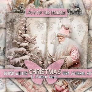 Christmas printful pink junkjournal paper Santa claus gifted page Junk journal pink christmas kit Digital downloaded snowman Winter printful
