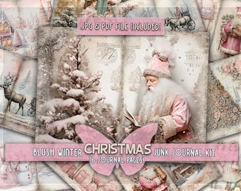 Christmas printful pink junkjournal paper Santa claus gifted page Junk journal pink christmas kit Digital downloaded snowman Winter printful