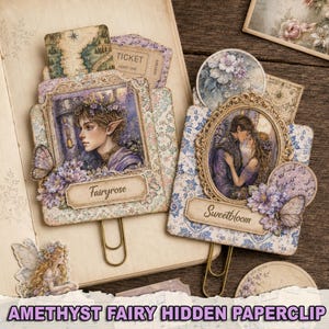 Pode incluir: Dois clipes de papel decorativos com molduras ornamentadas e ilustrações de fantasia. Um mostra uma fada com o texto Fairyrose, o outro um casal com o texto Sweetbloom. Ambos incluem detalhes florais, borboletas e padrões de papel vintage.