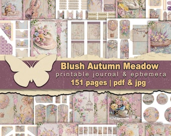 Pastel shabby autumn fall Blush vintage boho papers Meadow field floral background Fall library keepsake Nostalgic mother daughter gift page