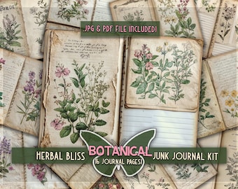 May include: A digital junk journal kit with 16 pages featuring botanical illustrations of flowers and plants. The kit includes JPG and PDF files. The text on the image reads "Herbal Bliss Botanical Junk Journal Kit 16 Journal Pages!"
