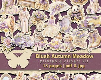 Shabby pink fall clipart Wildflower meadow vintage floral Handmade decorative tag fussycut Whimsical country pastel prints Bride to be gift