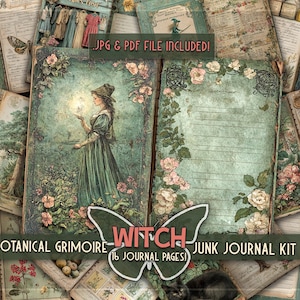 May include: A collection of vintage-style journal pages with botanical and witchy themes. The pages feature illustrations of a woman in a green dress, flowers, and butterflies. Text on the pages reads "Botanical Grimoire - Witch Junk Journal Kit".