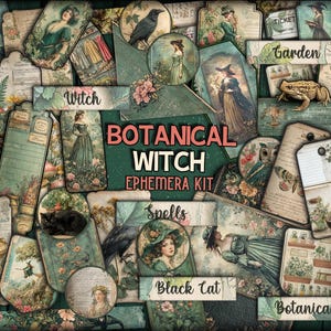 Pode incluir: Uma cole&ccedil;&atilde;o de ef&ecirc;meros de papel com ilustra&ccedil;&otilde;es de estilo vintage de bruxas, sapos, gatos pretos, corvos e elementos bot&acirc;nicos. O kit inclui v&aacute;rias etiquetas com texto como Botanical Witch, Spells e Garden.