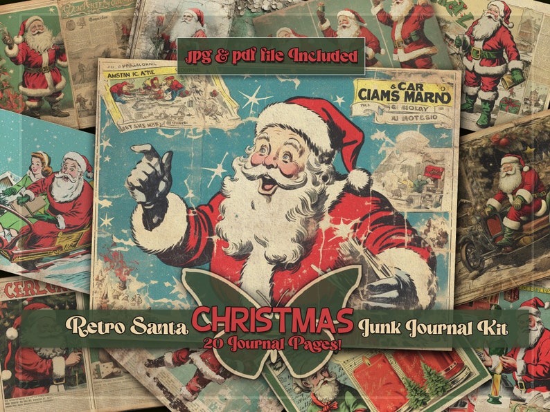 May include: A collage of vintage comic book pages featuring Santa Claus in various poses. The pages are in shades of red, blue, green, and yellow, with a distressed, aged look. The text on the pages includes "Retro Santa Christmas Junk Journal Kit" and "20 Journal Pages!"