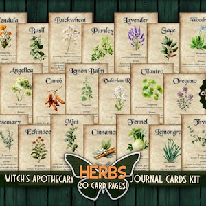 May include: A collection of 20 journal cards featuring botanical illustrations of herbs like calendula, basil, and lavender. Each card has the herb's name and properties. The set is labeled "Witch's Apothecary Herbs Journal Cards Kit."