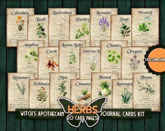 Witch herb apothecary printable Botanical card pages Vintage grimoire witchcraft ephemera Old book herbal papers Apothecary junk journal kit