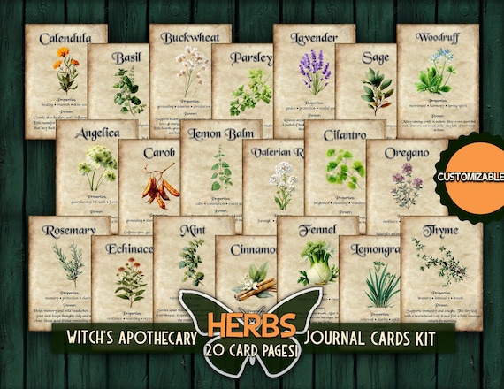 Witch herb apothecary printable Botanical card pages Vintage grimoire witchcraft ephemera Old book herbal papers Apothecary junk journal kit