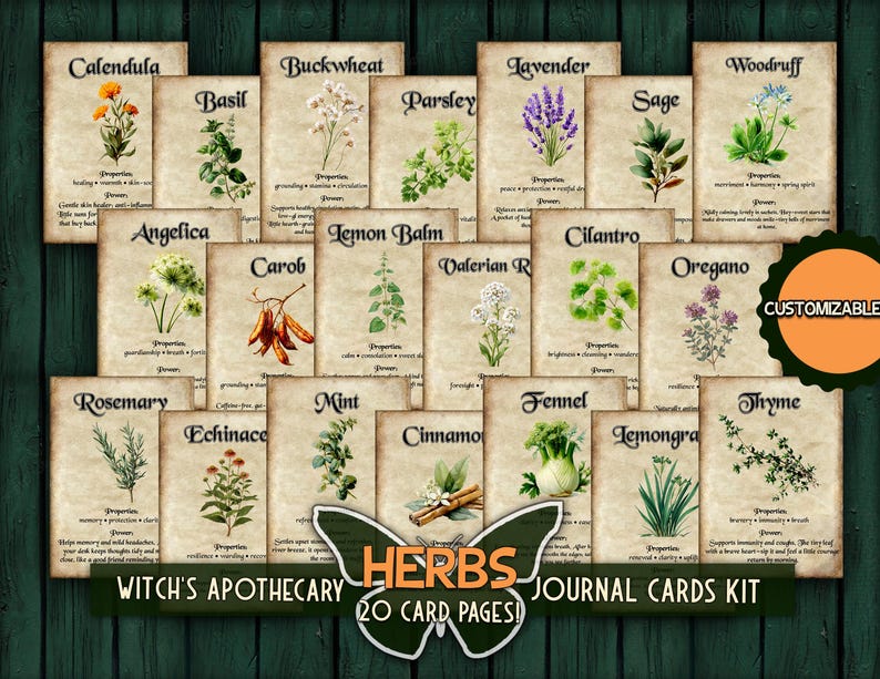 May include: A collection of 20 journal cards featuring botanical illustrations of herbs like calendula, basil, and lavender. Each card has the herb's name and properties. The set is labeled "Witch's Apothecary Herbs Journal Cards Kit."