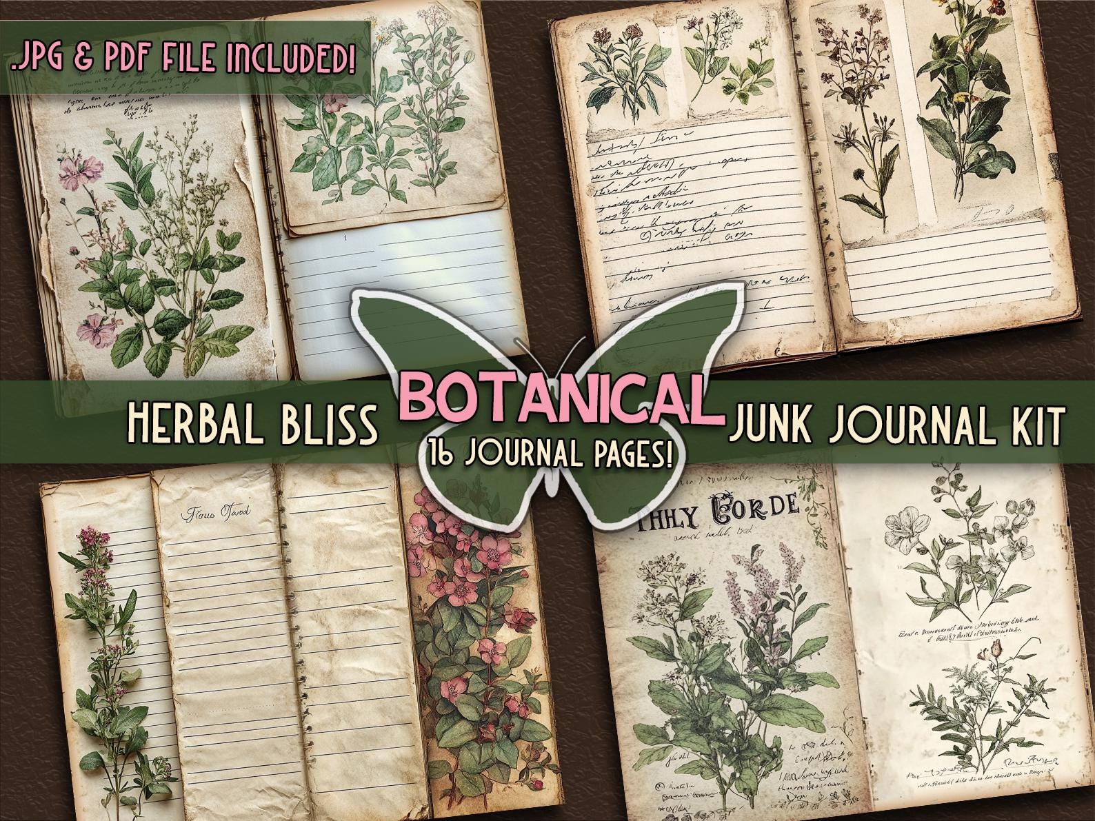 Vintage Botanical Junk Journal Printable Herbal Papers Book Digital ...