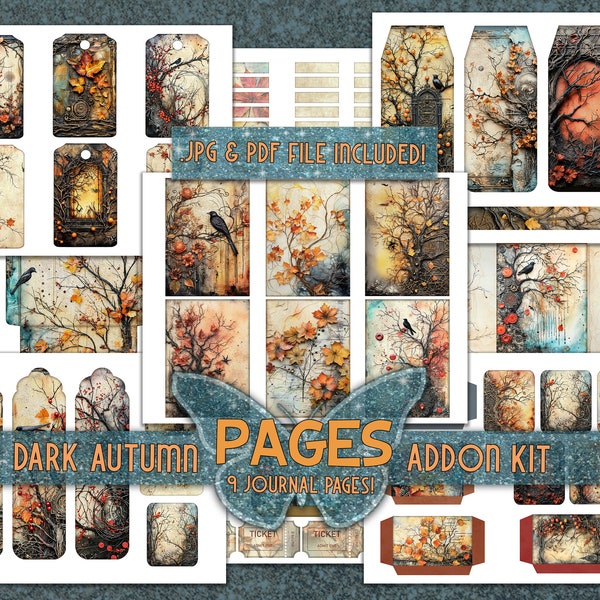 Digikit ephemera printable papers downloaded Mixedmedia pages kit Addon junkjournal ephemera Dark papers Tags pockets envelop sheets Autumn