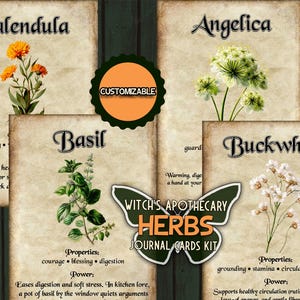 May include: A set of four vintage-style journal cards featuring botanical illustrations of herbs: Calendula, Angelica, Basil, and Buckwheat. The cards include the text "Witch's Apothecary Herbs Journal Cards Kit" and are customizable.