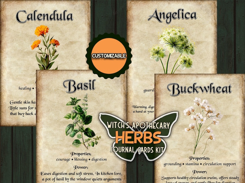 May include: A set of four vintage-style journal cards featuring botanical illustrations of herbs: Calendula, Angelica, Basil, and Buckwheat. The cards include the text "Witch's Apothecary Herbs Journal Cards Kit" and are customizable.