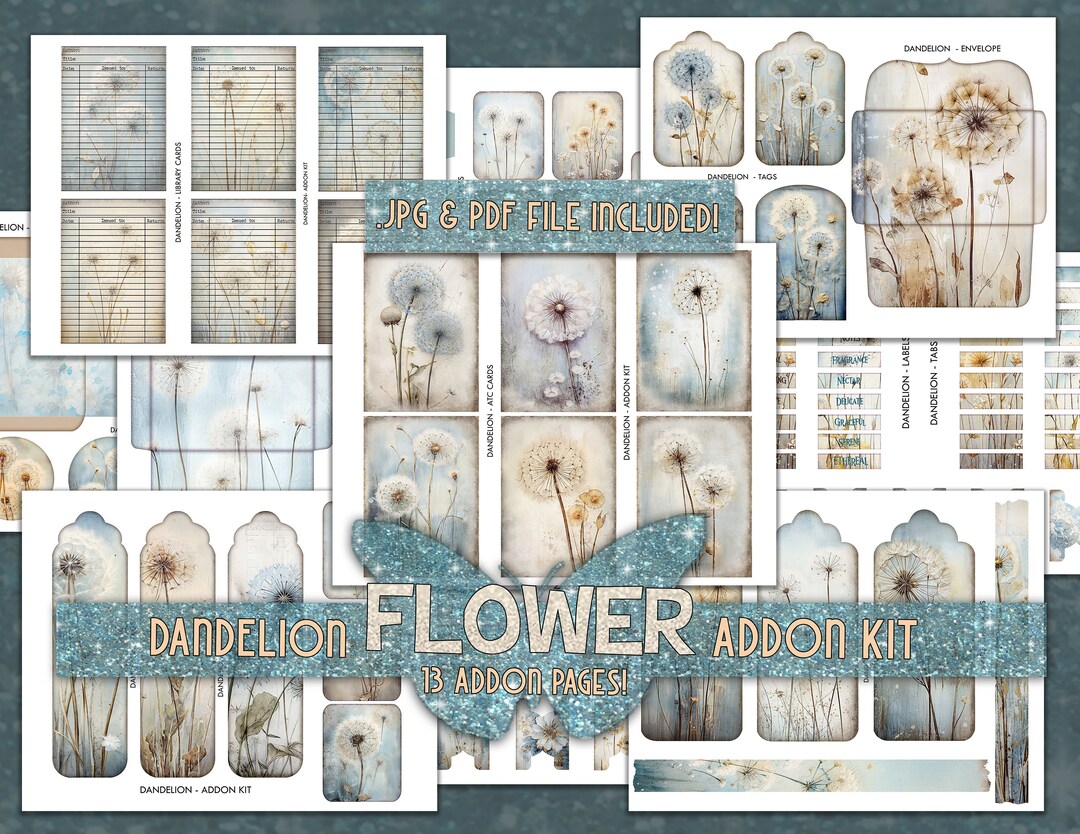 Floral Junk Journal Kit Ephemera Printable Pages Dandelion Flower Addon ...