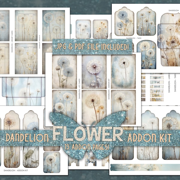 Floral junk journal kit ephemera printable pages Dandelion flower addon kit Scrapbook envelop tags Junkjournal pocket ephemera kit printable