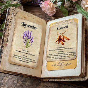 May include: An open book with aged pages displays two cards. One features a purple lavender illustration with text about its properties and power. The other card shows a carob illustration with text about its properties and power.