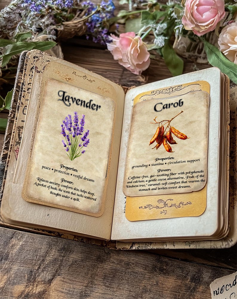 May include: An open book with aged pages displays two cards. One features a purple lavender illustration with text about its properties and power. The other card shows a carob illustration with text about its properties and power.