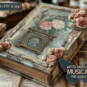 Könnte beinhalten: Ein Buch im Vintage-Stil mit türkisblauem Einband, floralem Design und einer Uhr-Illustration. Das Buch ist mit rosa Rosen und Spitzenbesatz verziert. Der Text "75 PAGES (PDF & Jpg)" ist oben sichtbar. Das Logo "Winter Harmony Musical Mini Bundle" ist ebenfalls vorhanden.
