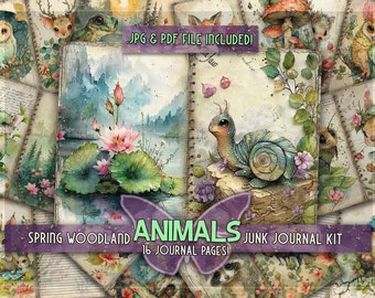 Bosdieren afdrukbare junkjournal Lente bospapieren Grillige dieren afdrukbare Boskunst digitale lente dieren junk journal kit