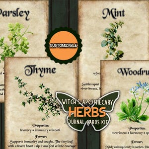 May include: Four vintage-style journal cards featuring herbs: Parsley, Mint, Thyme, and Woodruff. Each card includes the herb's name, an illustration, properties, and power. A customizable orange circle and a butterfly-shaped logo with the text "Witch's Apothecary Herbs Journal Cards Kit" are also present.