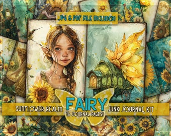 Sunflower fairy printable paper Magical summer garden Sunflower papers printful Garden fairy pages Colorful summer magical fairytale journal