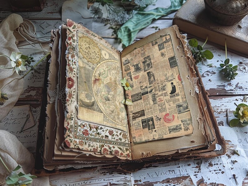 May include: An open vintage journal with brown leather covers and pages filled with old newspaper clippings and a hand-drawn map. The journal is decorated with lace and floral patterns.