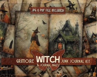 Grimoire witch junkjournal printable kit ephemera Autumn Witchie pages BOS witchcraft journal Halloween papers gift Witchy junk journal kit