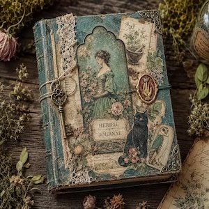 Pode incluir: Um di&aacute;rio verde-azulado com acabamento desgastado, apresentando uma ilustra&ccedil;&atilde;o central de uma pessoa de vestido rodeada por flores. A capa inclui um gato preto, uma coruja, uma chave de metal, renda e um selo. Texto HERBAL JOURNAL.
