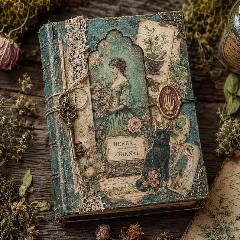Pode incluir: Um di&aacute;rio verde-azulado com acabamento desgastado, apresentando uma ilustra&ccedil;&atilde;o central de uma pessoa de vestido rodeada por flores. A capa inclui um gato preto, uma coruja, uma chave de metal, renda e um selo. Texto HERBAL JOURNAL.