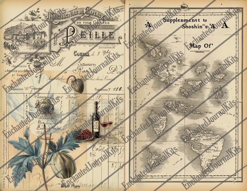 May include: A vintage illustration of a white poppy flower with green leaves and a map of islands with the text "Supplement to Shoshin's "A" Map Of".