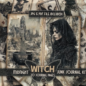 Diario imprimible de brujas oscuras Diario basura digital aterrador de medianoche Gráficos de brujas mágicas Brujas de papel encantadas Papeles antiguos vintage imprimibles