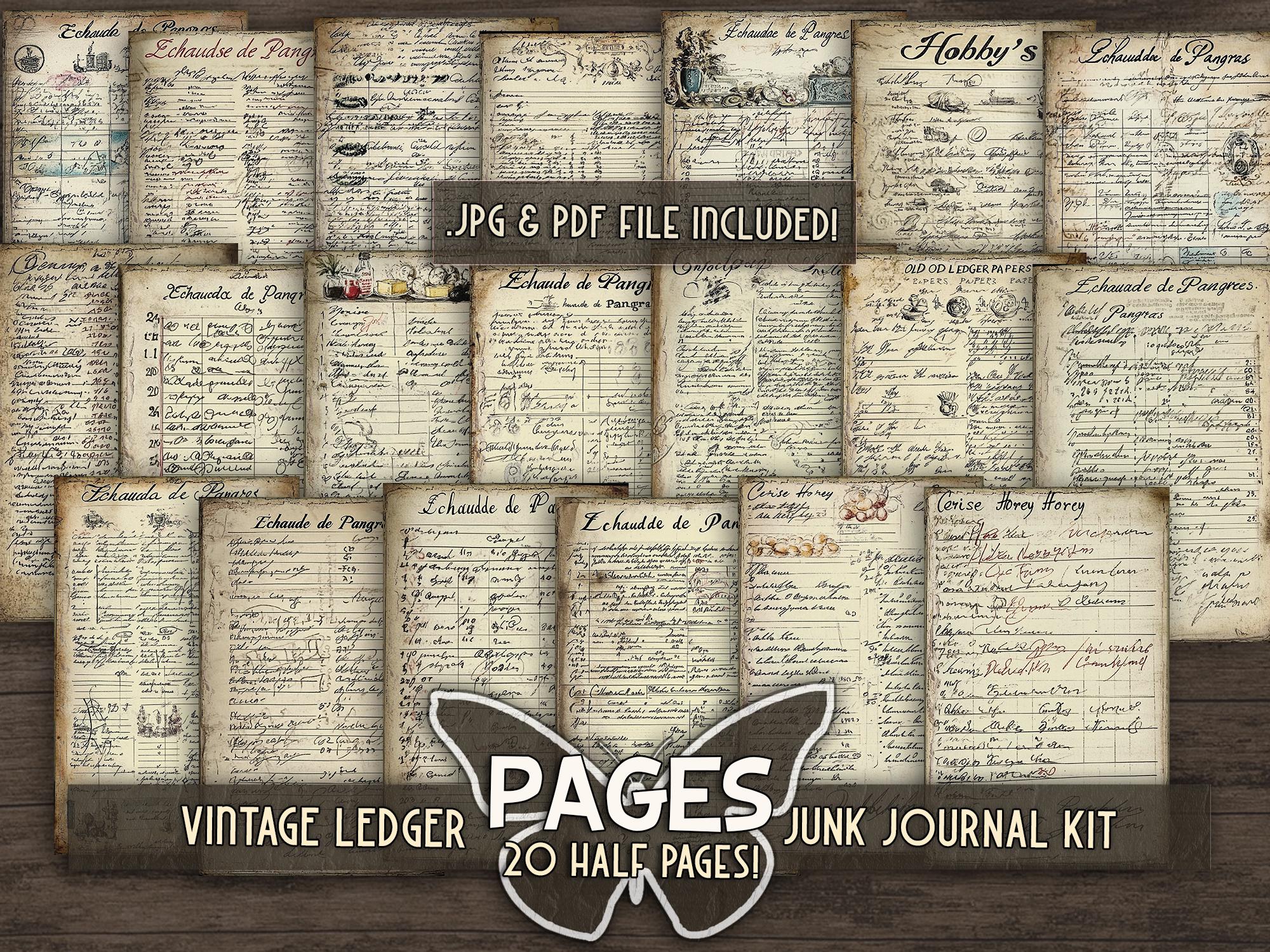Vintage ledger papers printable Old journal half pages Digital antique scrapbook papers Rustic journal backing page Printful junkjournal kit