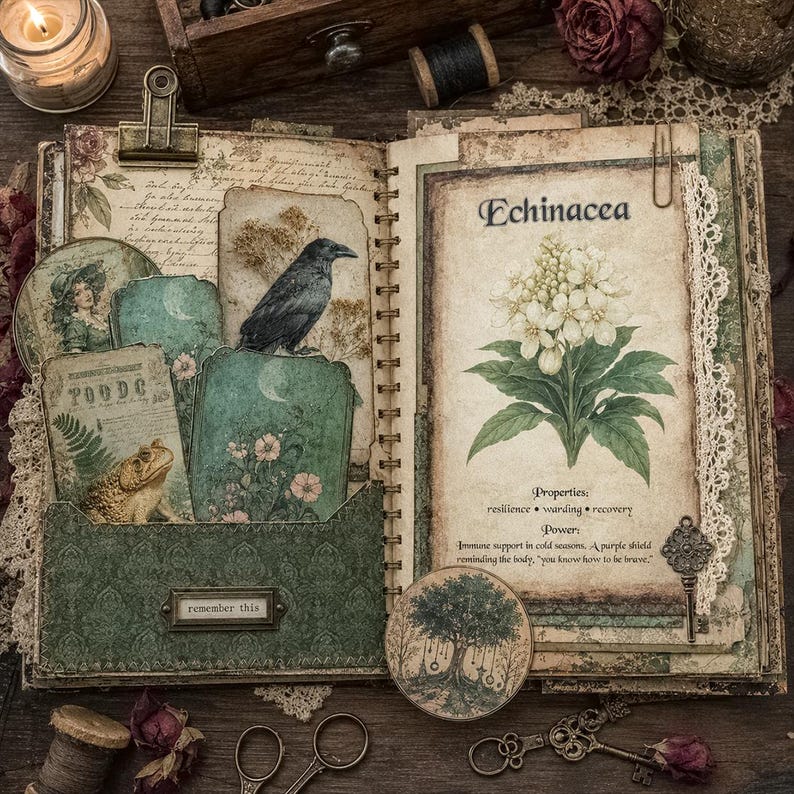 Pode incluir: Um di&aacute;rio de espiral aberto com ilustra&ccedil;&otilde;es bot&acirc;nicas e de natureza em estilo vintage. As p&aacute;ginas mostram um corvo, um sapo e uma flor de equin&aacute;cea branca com texto detalhando propriedades e poder. Elementos decorativos incluem renda, clipes de metal e uma chave.