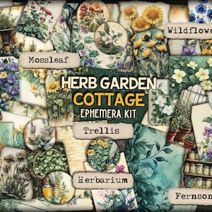 Pode incluir: Uma cole&ccedil;&atilde;o de ef&ecirc;meros de papel com ilustra&ccedil;&otilde;es bot&acirc;nicas de flores, ervas e cenas de jardim. O kit inclui etiquetas com o texto Herb Garden Cottage Ephemera Kit, Mossleaf, Wildflower, Trellis, Herbarium e Fernsong.