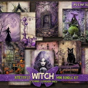 May include: A digital paper pack containing 32 pages of witchy themed images. The images feature a variety of witchy elements, including a witch, a cauldron, a black cat, a moon, and a forest. The images are in a dark and moody colour palette, with shades of purple, green, and black. The text "AMETHYST WITCH MINI BUNDLE KIT" and "32 JOURNAL & EPHEMERA PAGES!" is included in the image.